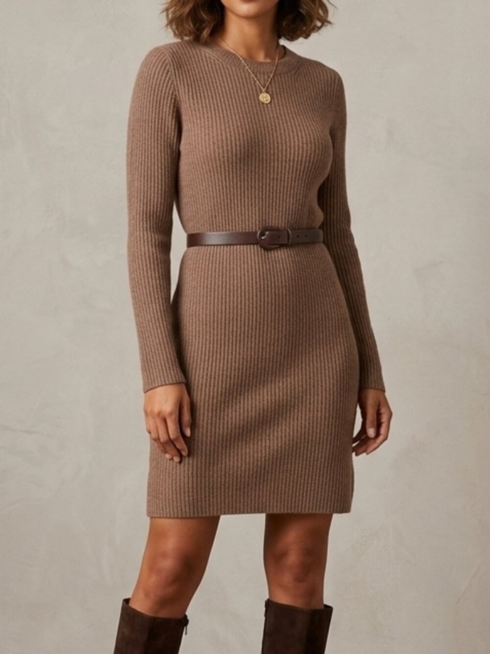 GAP Brown Ribbed Crewneck Long Sleeve Knit Sweater Dress Size M